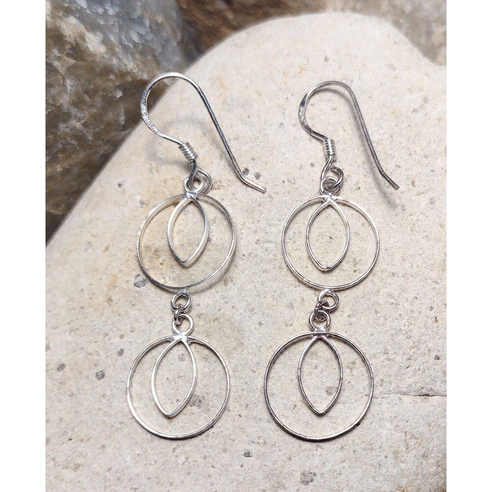 Sterling Silver 925 Double Hoop Dangle Earrings Vintage
